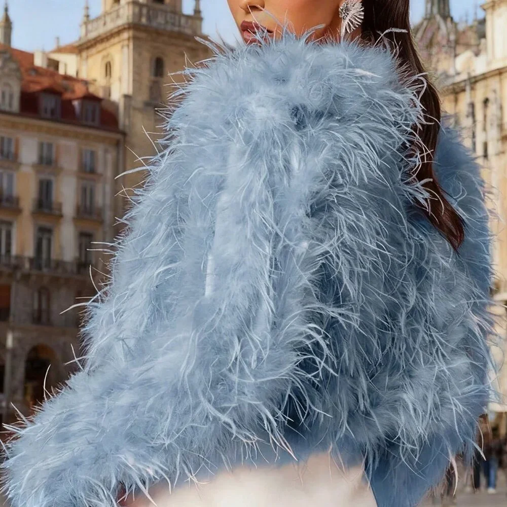 Blue Casual Women's Crew Neck Long Haired Coat
